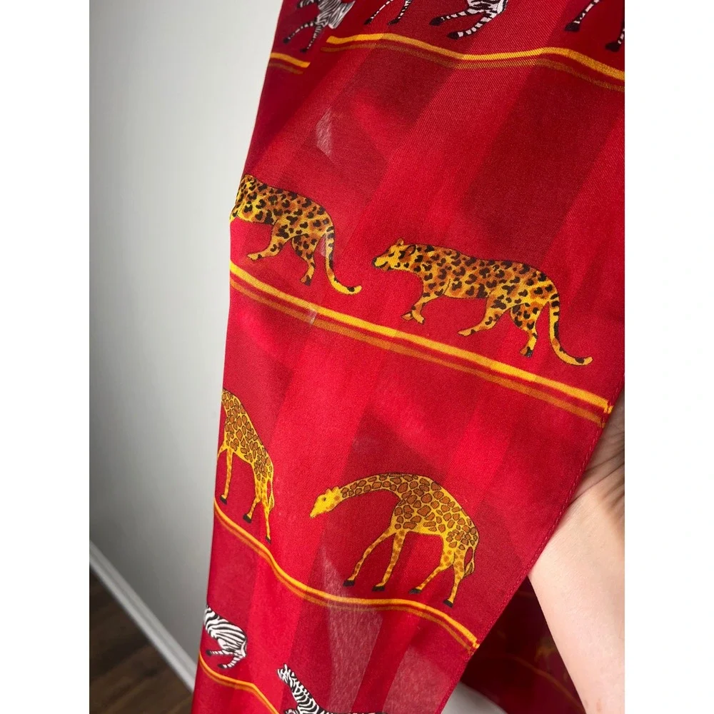 Vintage Red Safari Scarf Zebra Leopard Giraffe Sheer Rectangle Wrap Shawl Africa